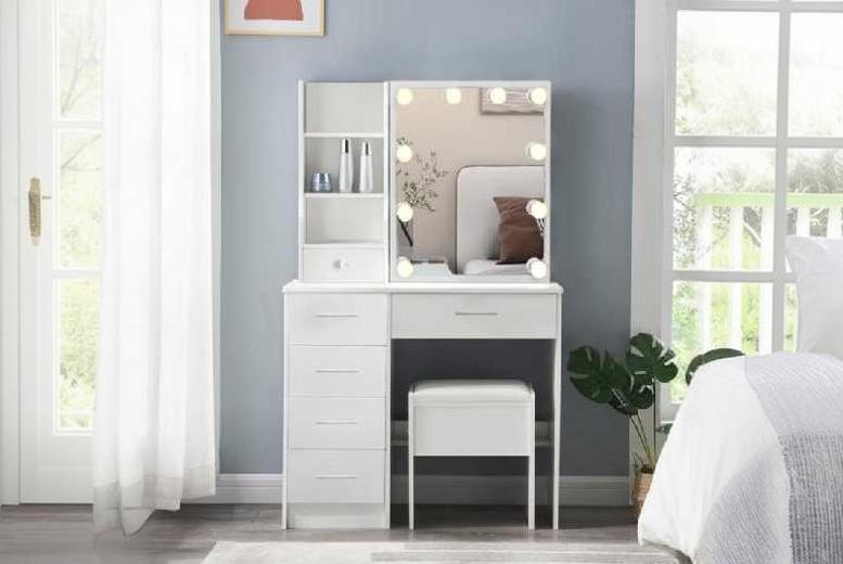 Juniper White 5 Drawer Modern Dressing Table Set with Sliding LED Mirror & Stool – Bedroom Vanity Storage | Wowcher