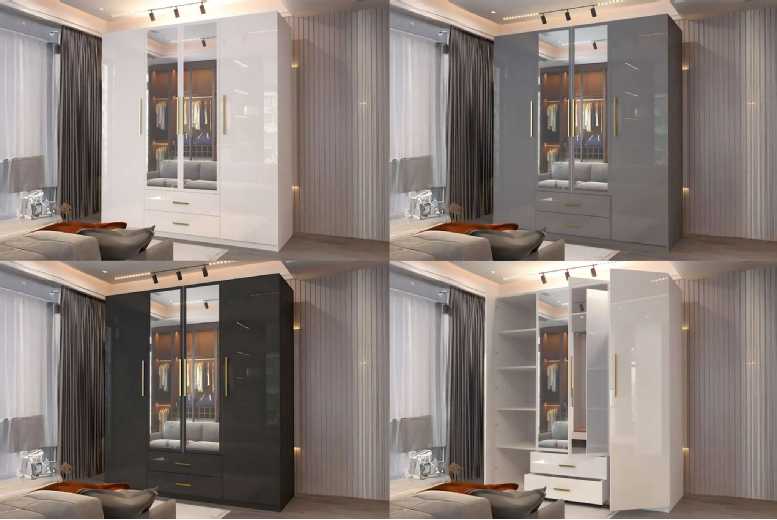 Modern 4 Door High Gloss MDF Wardrobe – Mirrored, Soft-Close, Space-Saving Storage (White, Black, Grey) | Wowcher Modern 4 Door High Gloss MDF Wardrobe – Mirrored, Soft-Close, Space-Saving Storage (White, Black, Grey) | Wowcher
