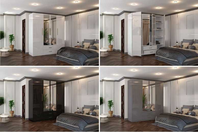 Modern High Gloss 4 Door Wardrobe with Mirrors – White, Black, or Grey, Spacious Storage, Contemporary Bedroom Furniture | Wowcher Modern High Gloss 4 Door Wardrobe with Mirrors – White, Black, or Grey, Spacious Storage, Contemporary Bedroom Furniture | Wowcher