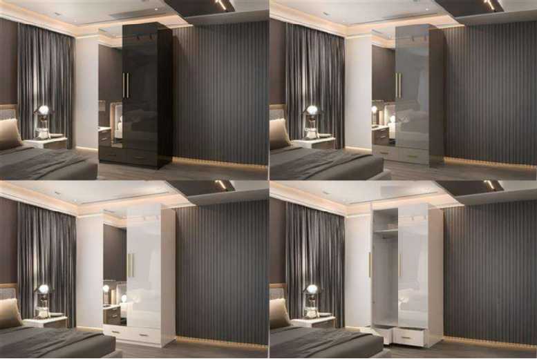 Modern High Gloss 2-Door Mirrored MDF Wardrobe with Storage Drawers – White, Black, or Grey – Contemporary Bedroom Furniture | Wowcher