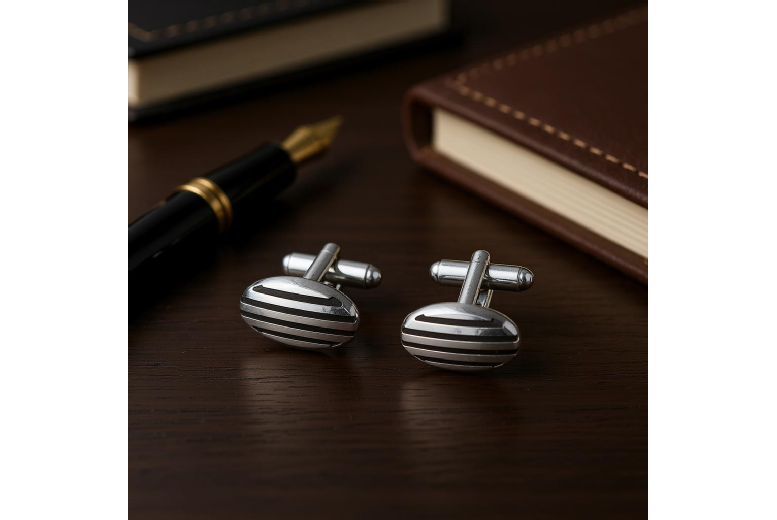 Men’s Monochrome Stripe Brass Cufflinks – Classic Silver-Tone Formal Accessory | Wowcher