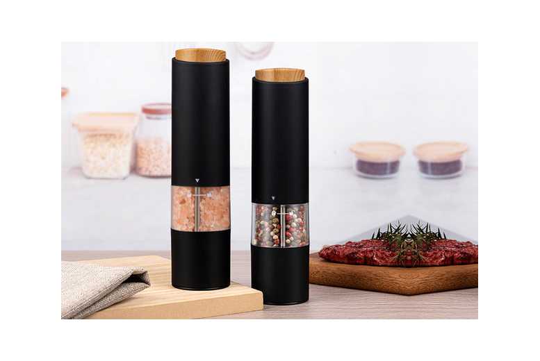 2Pcs Electric Salt & Pepper Grinders – Stainless Steel, Adjustable Coarseness, LED Light | Wowcher