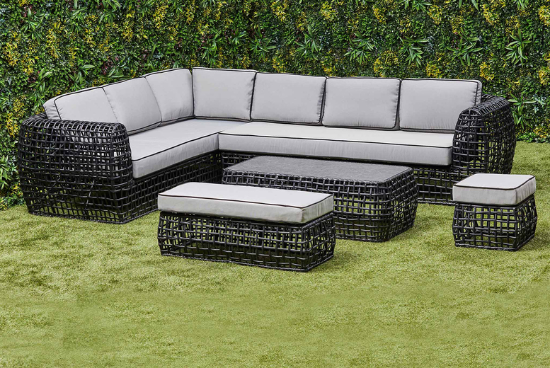 Modern Black Aluminium Rattan Corner Sofa Set – 7-Seater Outdoor Lounge with Coffee Table | Wowcher Modern Black Aluminium Rattan Corner Sofa Set – 7-Seater Outdoor Lounge with Coffee Table | Wowcher