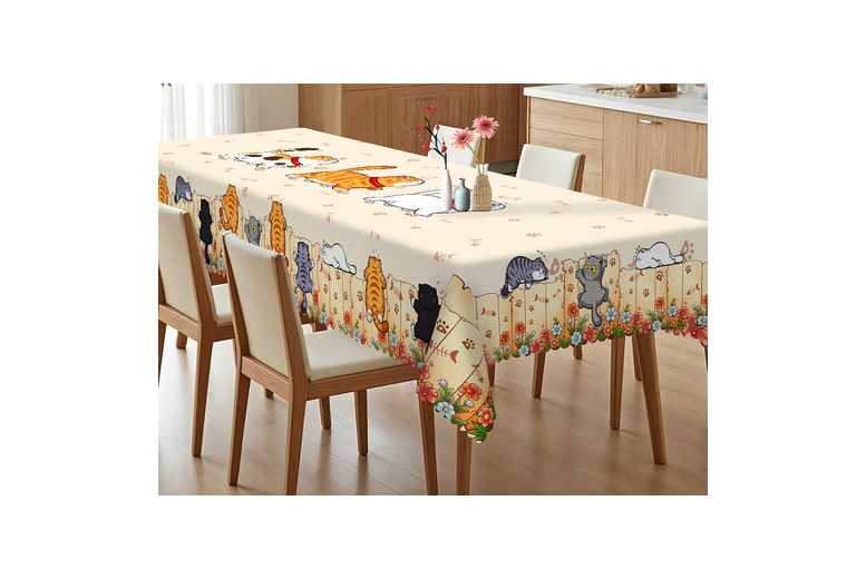 Cute Cat Polyester Tablecloth – Durable, Washable Dining Table Cover | Wowcher