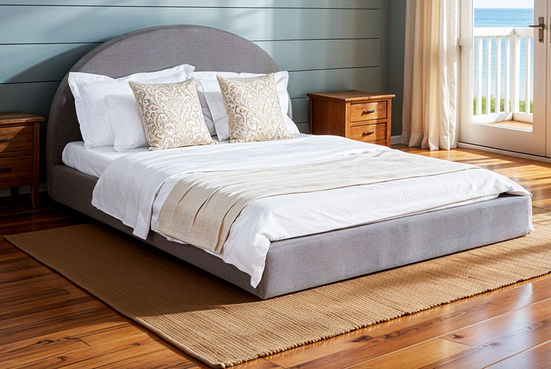 Linen Bed Frame with Plush Curved Headboard – Double or King, Grey or Beige | Wowcher Linen Bed Frame with Plush Curved Headboard – Double or King, Grey or Beige | Wowcher