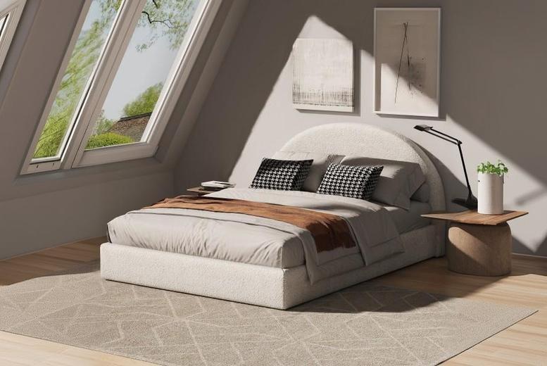 Modern Boucle Bed Frame & Base with Curved Headboard – Double or King | Wowcher Modern Boucle Bed Frame & Base with Curved Headboard – Double or King | Wowcher