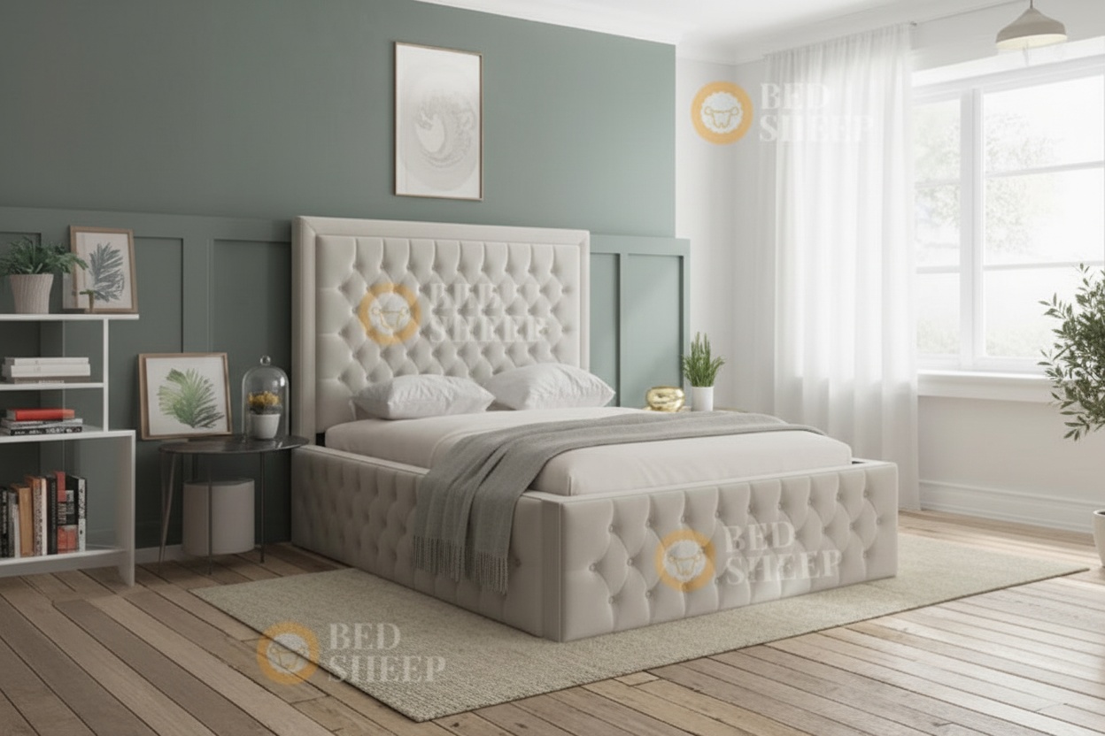 Vera Luxurious Chesterfield Velvet Bed Frame – Double or King Size, Geometric Quilted Headboard | Wowcher