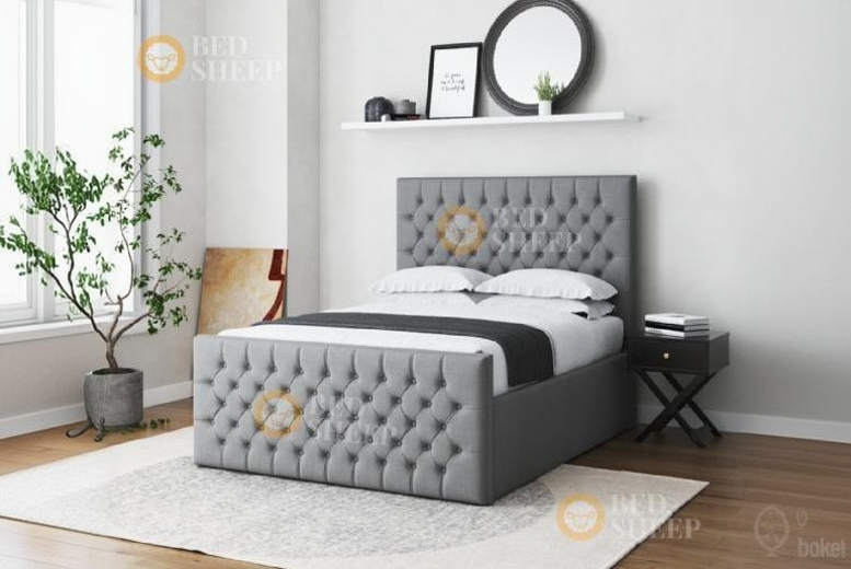 Maya Upholstered King Size Bed Frame with Gas Lift Storage – Chesterfield Style | Wowcher