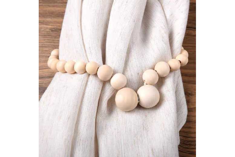 Wooden Curtain Tie Backs – Natural Log Beads, Magnetic, 2pcs Set, Scandi Home Decor | Wowcher