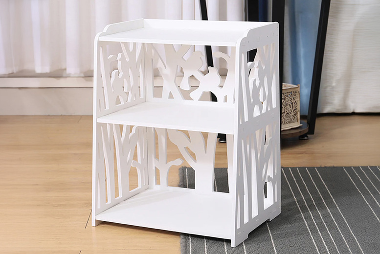 Rustic Small White Bedside Table with Carved Detail and 3 Shelves | Wowcher