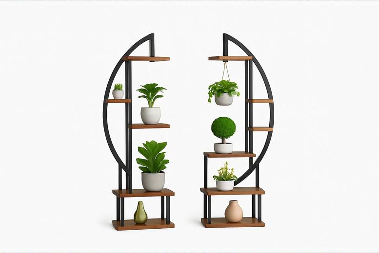 Set of Two Rustic Brown Crescent Wood Multi-Tiered Plant Stands | Wowcher
