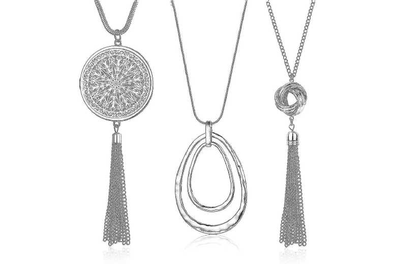 3pcs Alloy Long Pendant Statement Necklace Set for Women – Circle & Knot Sweater Chains | Wowcher