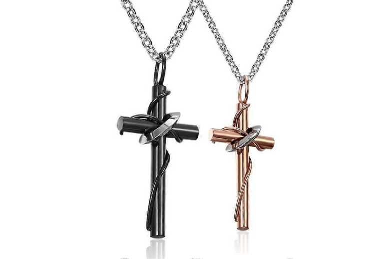 2pcs Stainless Steel His & Hers Cross Pendant Necklace Set – Black & Rose Gold, Hypoallergenic, Couples Jewellery | Wowcher