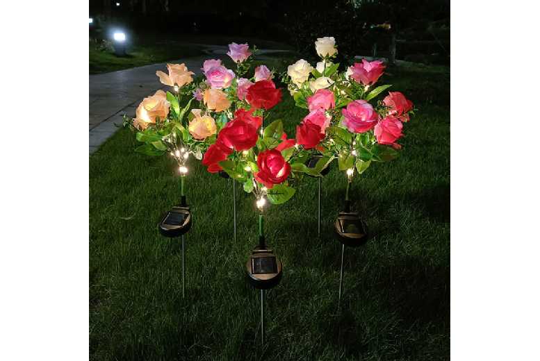 Solar LED Rose Flower Outdoor Garden Lights – 7-Head, Weatherproof, Energy Efficient | Wowcher