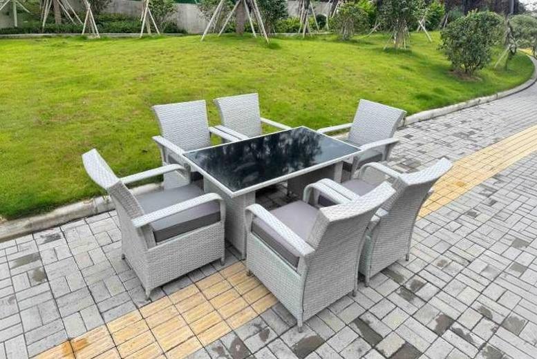 6-Seater Grey Rattan Dining Set with Black Tempered Glass Table – Weather-Resistant Outdoor Furniture | Wowcher 6-Seater Grey Rattan Dining Set with Black Tempered Glass Table – Weather-Resistant Outdoor Furniture | Wowcher