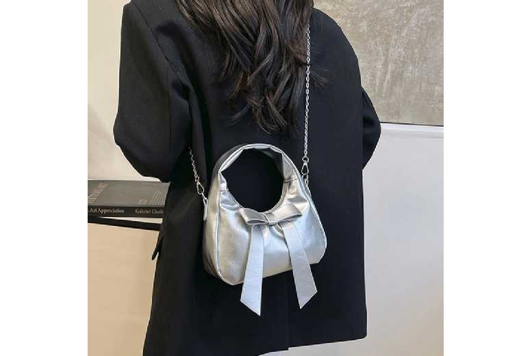 Silver Women’s PU Leather Underarm Shoulder Bag – Bow Accent, Lightweight, Classic Style | Wowcher