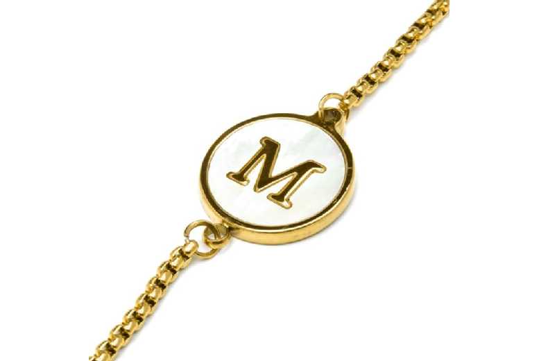 Luxenter Personalised ‘M’ Mother of Pearl & 18K Gold-Plated Bracelet – Elegant Alphabet Charm, Adjustable, Gift-Ready | Wowcher