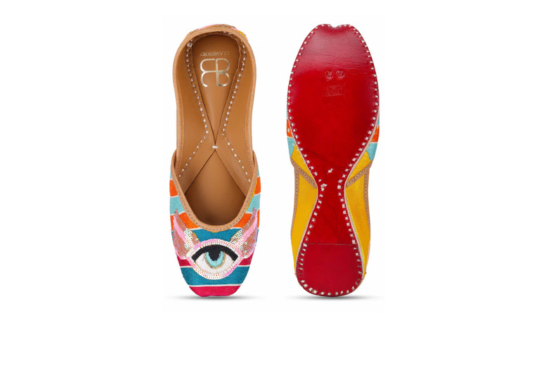Black Multicolour Leather Mojari Slip-Ons with Evil Eye Design – Women’s Ethnic Flats | Wowcher