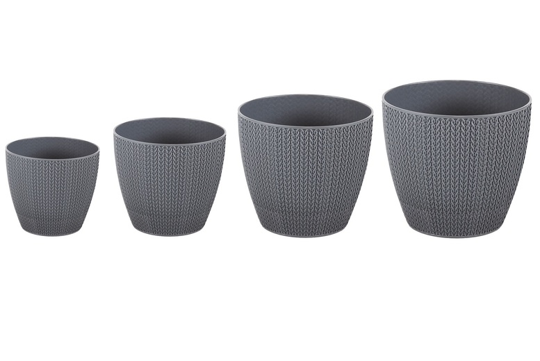 Set of 4 Grey Knitted Plastic Planters with Drainage Trays – Indoor/Outdoor Garden Pots | Wowcher