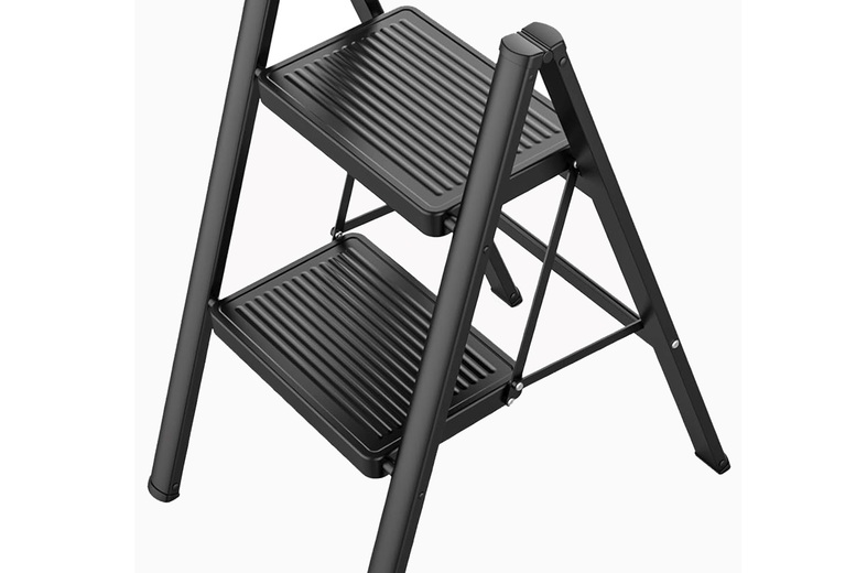 Black Folding Step Ladder - Heavy-Duty Non-Slip Steel Stool, 2-4 Steps, Compact Home Maintenance Aid | Wowcher