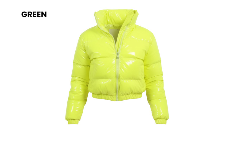 Women's Shiny Metallic Cropped Down Jacket, 2XL-UK14, Green | Wowcher