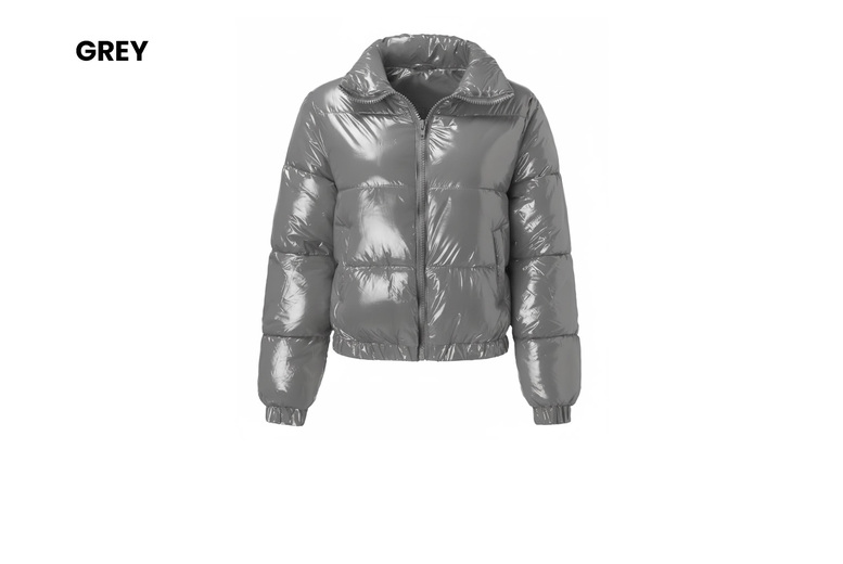 Women's Shiny Metallic Cropped Down Jacket, 2XL-UK14, Grey | Wowcher