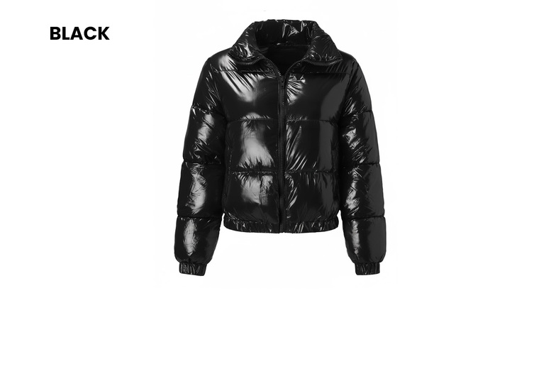 Women's Shiny Metallic Cropped Down Jacket, 2XL-UK14, Black | Wowcher