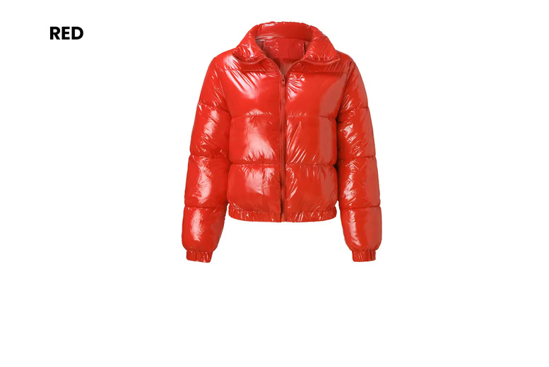 Women's Shiny Metallic Cropped Down Jacket, 2XL-UK14, Red | Wowcher
