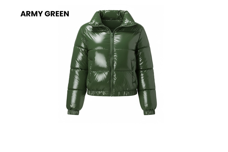 Women's Shiny Metallic Cropped Down Jacket, 2XL-UK14, Army Green | Wowcher