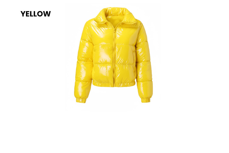 Women's Shiny Metallic Cropped Down Jacket, 2XL-UK14, Yellow | Wowcher