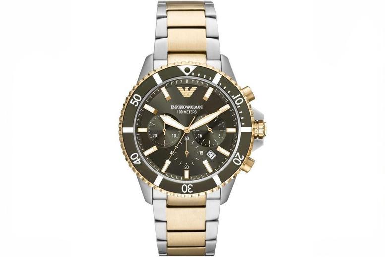 EARLY BIRD! Emporio Armani AR11361 Diver Men's Chronograph Watch - With Green Dial and Chronograph Function + 1-Year Warranty Included | Wowcher