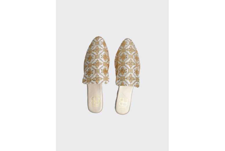 Black Famolare Women’s Handcrafted Golden Embroidery Flat Slip-On Mules – Premium Fabric, Cushioned Comfort | Wowcher
