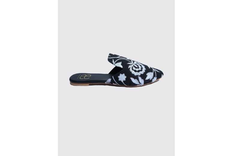 Black Firdaus Women’s Embroidered Slip-On Flat Mules – Premium Fabric, Cushioned Comfort | Wowcher