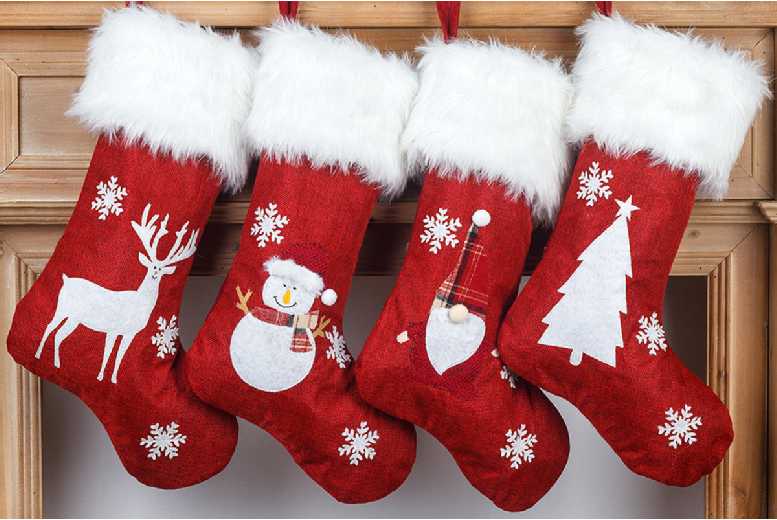 4Pcs Pre-Lit Christmas Stockings with LED Light Pendant – Festive Hanging Socks Set, Embroidered Linen, 47cm | Wowcher