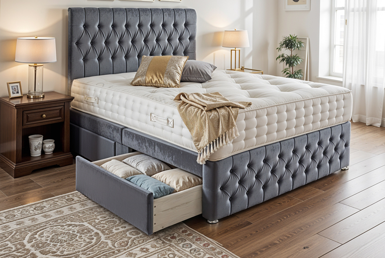 Crushed Velvet Divan Bed with Memory Sprung Mattress Set – 6 Sizes & Storage | Wowcher Crushed Velvet Divan Bed with Memory Sprung Mattress Set – 6 Sizes & Storage | Wowcher
