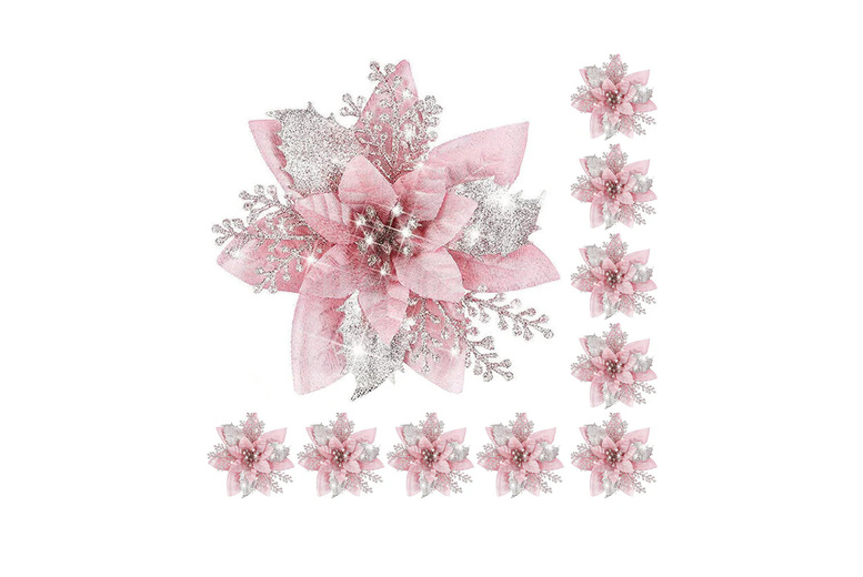 10Pcs Artificial Poinsettia Christmas Flowers – Festive Tree & Table Décor, 14cm, Durable Plastic, Reusable | Wowcher
