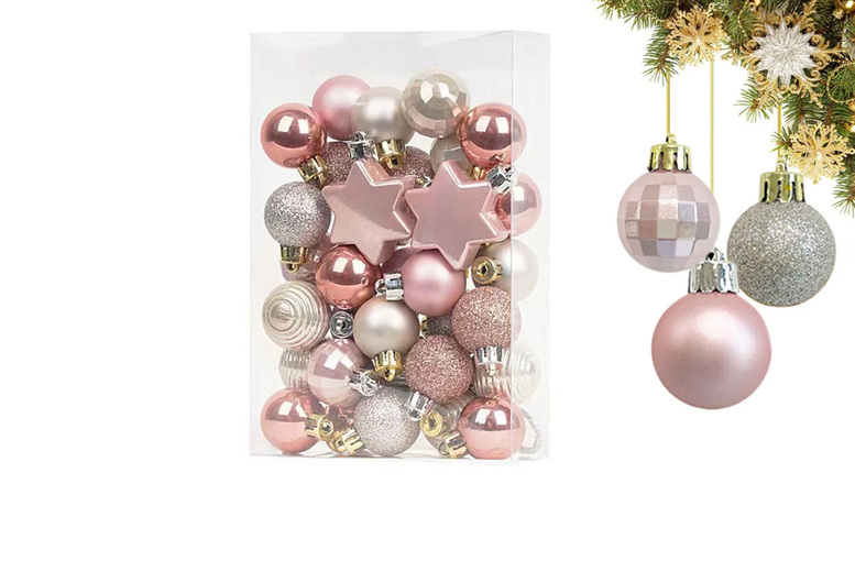33Pcs Shatterproof Christmas Tree Baubles – Assorted Pink & Gold Ornaments Set | Wowcher