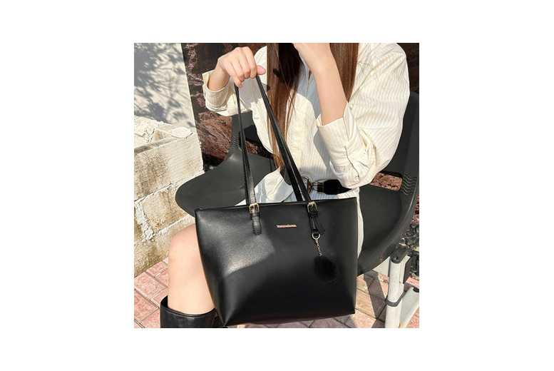 Unisex White Vegan Leather Tote Bag with Fluffy Pom-Pom Charm – Spacious Shoulder Handbag | Wowcher