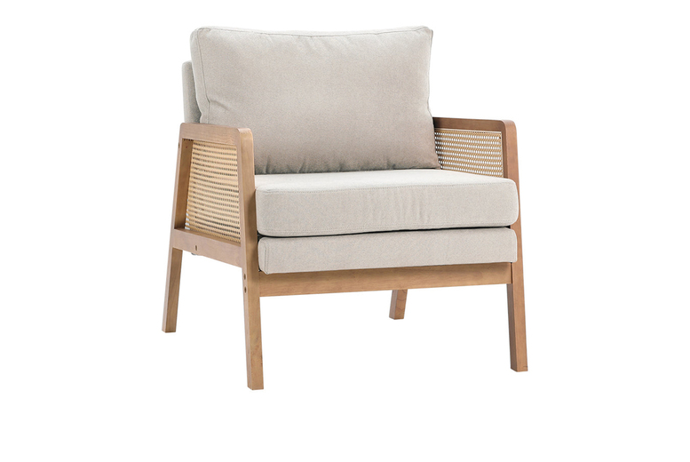 Grey Cushioned Armchair with Caned Sides and Solid Wooden Frame | Wowcher