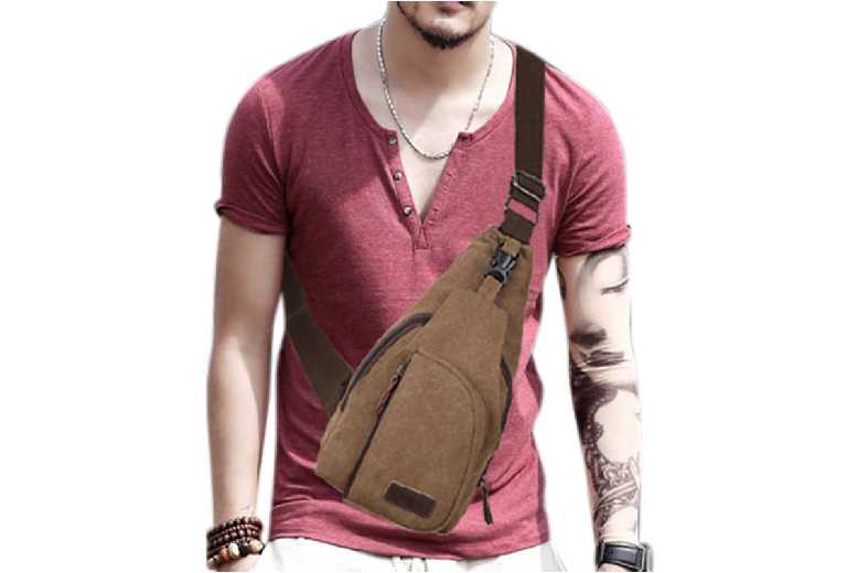 Black Men’s Canvas Crossbody Chest Sling Bag – Multi-Compartment Travel & Hiking Satchel | Wowcher