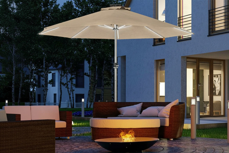 Outsunny 3m Aluminium Parasol with Solar LED Lights - Khaki, Weather-Resistant, Large Garden Umbrella | Wowcher