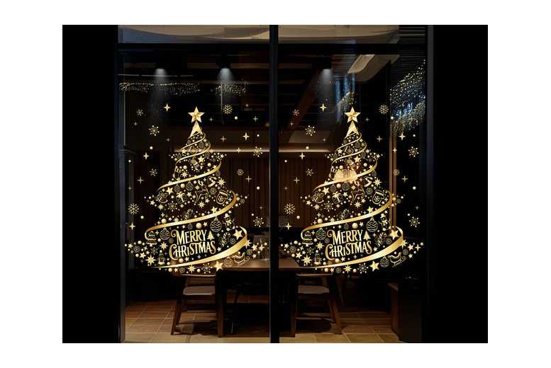 2Pcs Golden Christmas Tree Window Stickers – Festive Reusable PVC Decals, 50cm x 40cm | Wowcher