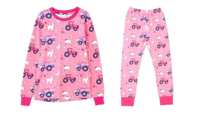 Pink & Purple Kids Pyjamas with Tractor Print, Soft Cotton Jersey | Wowcher