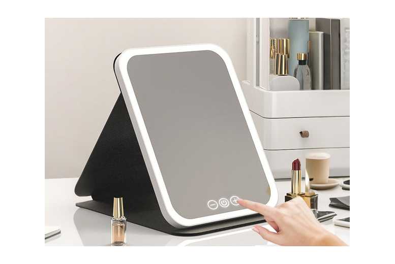Unisex White Foldable LED Dimmable Makeup Mirror – Tri-Colour, Portable, USB Rechargeable, 23cm x 17.5cm | Wowcher