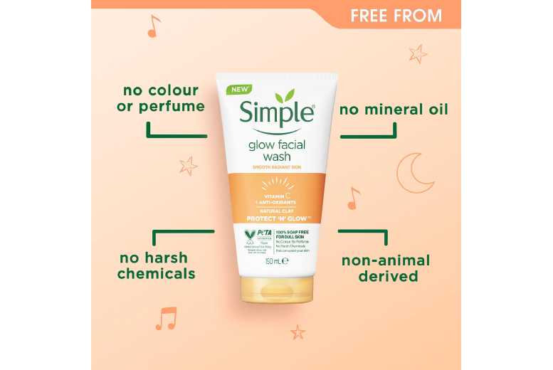 Simple Protect & Glow Express Polish Face Wash with Vitamin C & E – Brightening Exfoliator for Sensitive Skin, 150ml, 6 Pack | Wowcher
