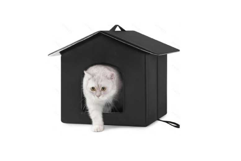 Outdoor Cat House – Weatherproof Oxford Shelter, Easy Assembly, Black, S/M | Wowcher