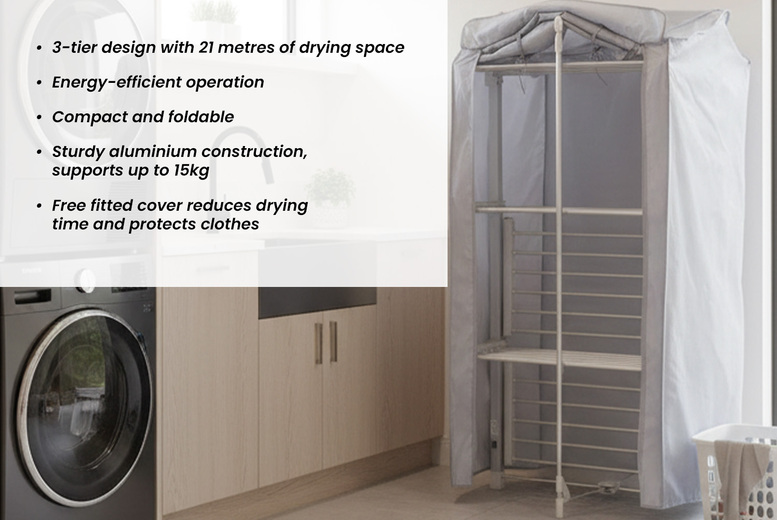 3-Tier Compact Heated Clothes Airer With Fitted Cover Deall