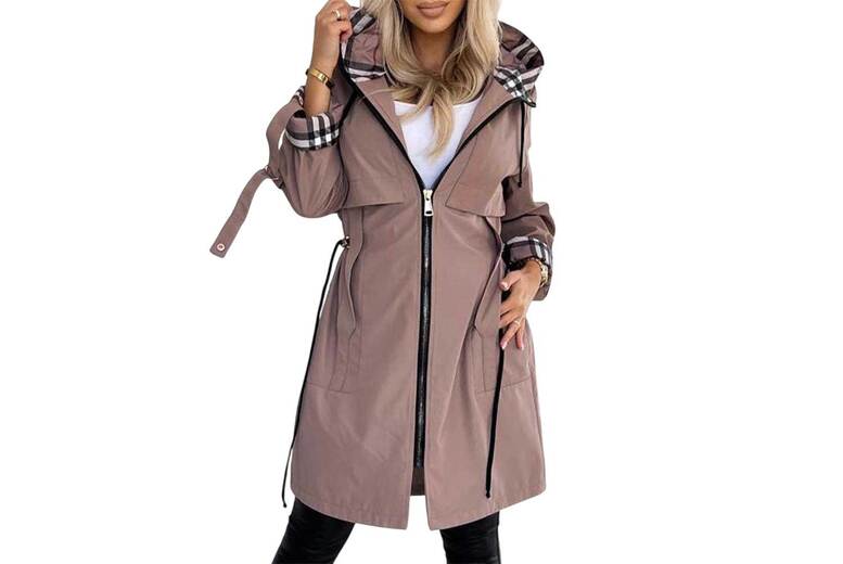 Black   Women’s Hooded Plaid Mid Length Trench Coat! | Wowcher