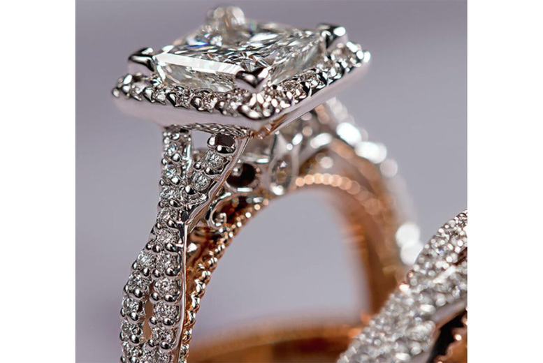 Rose Gold Princess Cut Zircon Diamond Engagement Ring Trio - 925 Sterling Silver Wedding Set | Wowcher