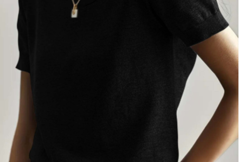 Unisex Black Cashmere-Blend Short Sleeve Knit Sweater Top – Lightweight, Classic Fit | Wowcher